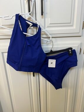 Fabletics Admiral Blue Zip-Front Sport Bikini Top